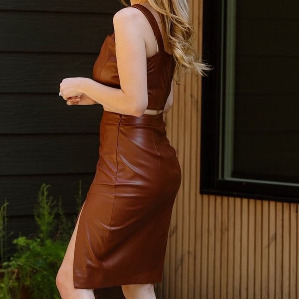 New JASON WU Faux Leather Midi skirt 2 Piece Set Large Chocolate Brown Vegan